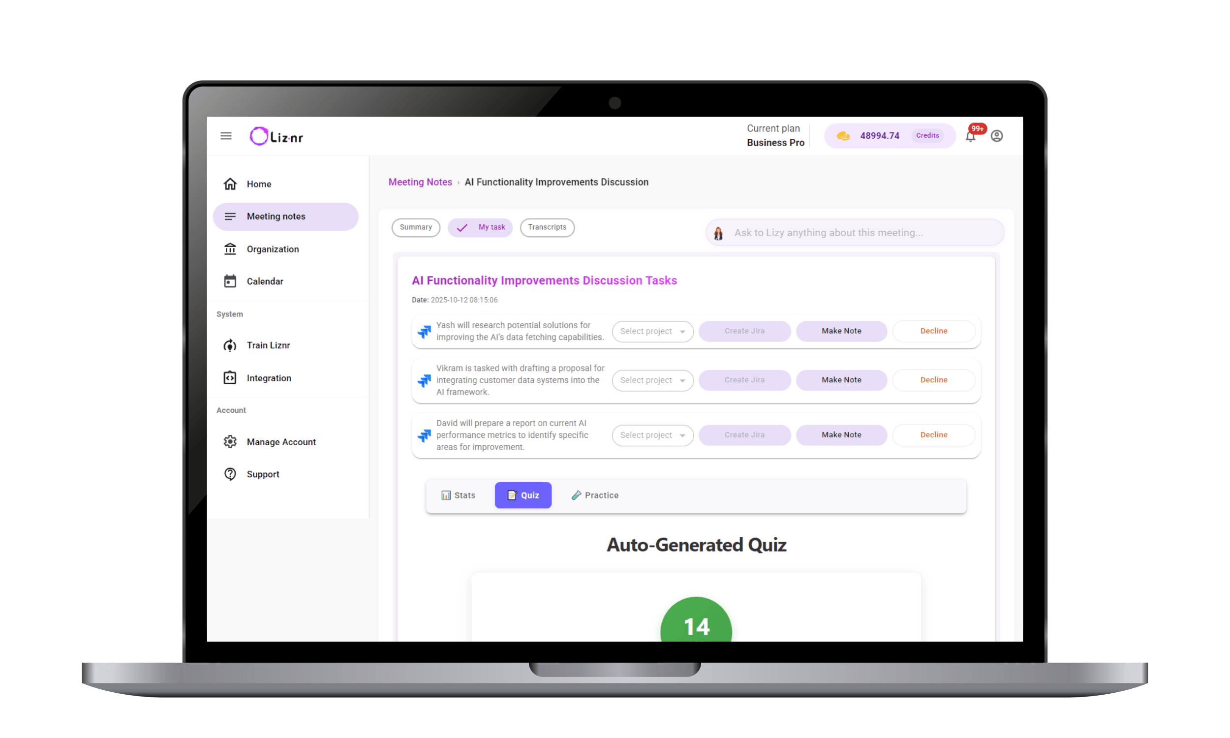AI assistant generating quizzes after a class